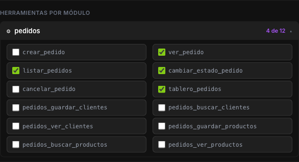 Herramientas del módulo pedidos con solo cuatro marcadas y el contador 4 de 12
