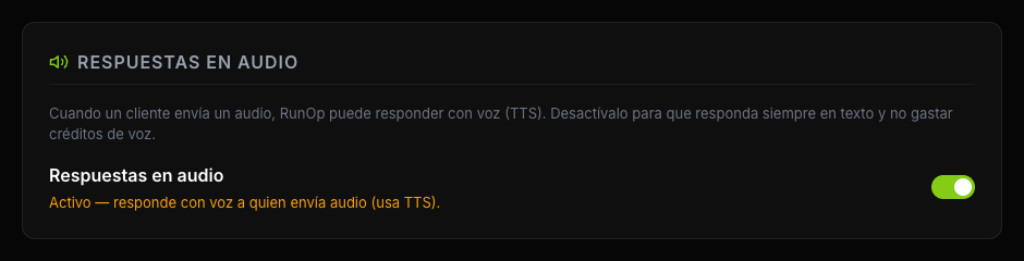 El interruptor de Respuestas en audio en Configuración