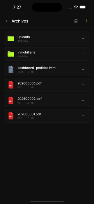 Pantalla de Archivos con carpetas y documentos PDF y HTML