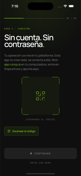 Pantalla de conexión de la app, con el lector de código QR