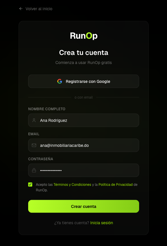Pantalla de registro de RunOp con los campos de nombre completo, email y contraseña