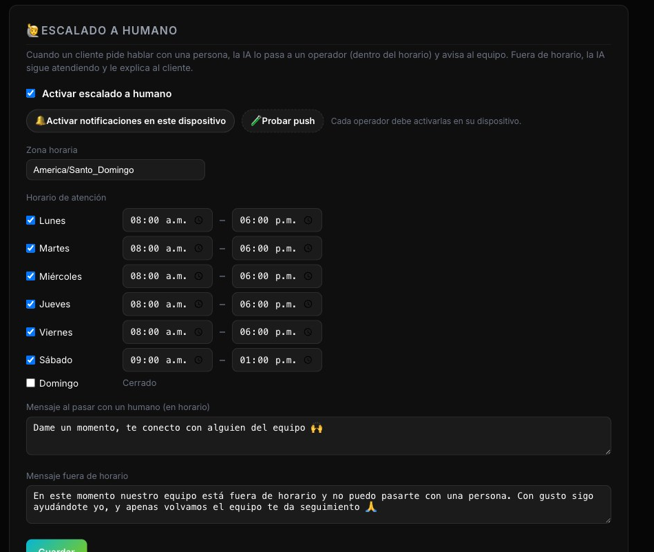 Pantalla de configuración del escalado, con horario por día y los dos mensajes
