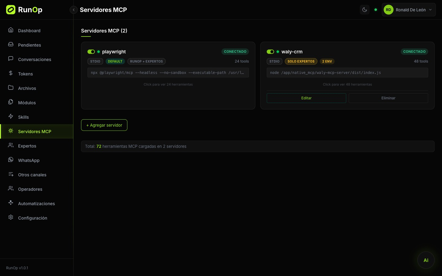Servidores MCP dados de alta en el dashboard