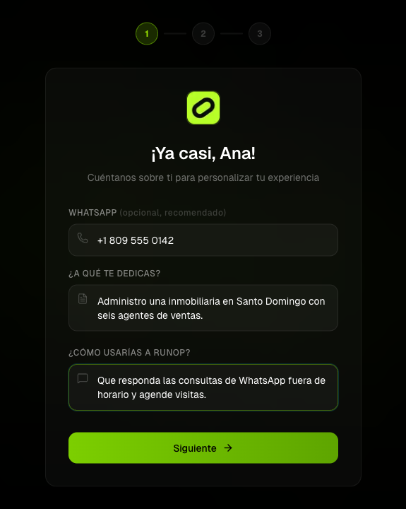 Primer paso del onboarding: WhatsApp, a qué te dedicas y cómo usarías RunOp