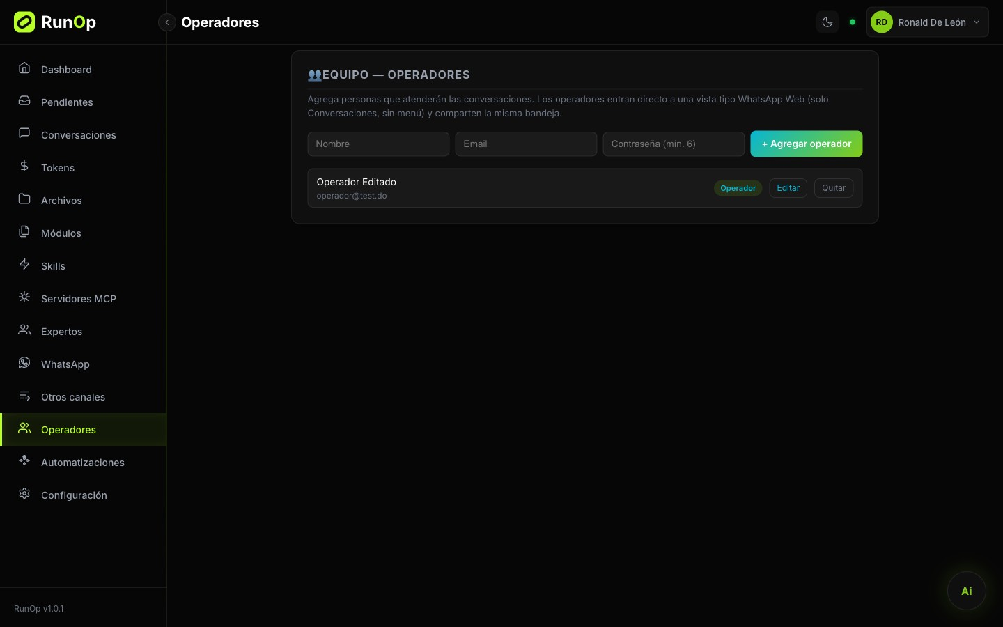 Vista de Operadores del dashboard