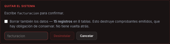 Confirmación de desinstalar el sistema de facturación, avisando de los comprobantes emitidos