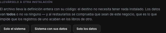 Sección de exportación con los botones Solo el sistema, Sistema con sus datos y Solo los datos