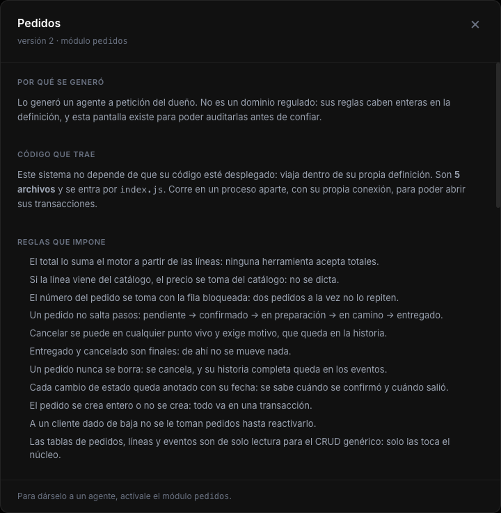 Ficha del sistema Pedidos con el motivo, el código que trae y sus once reglas