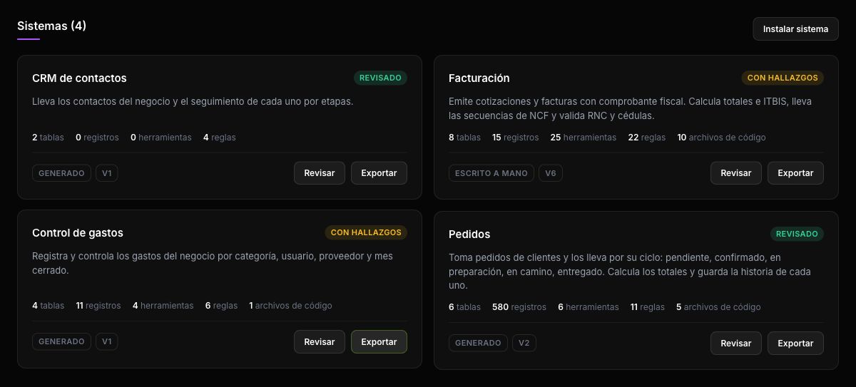 Pantalla de Sistemas con cuatro sistemas instalados y sus tarjetas