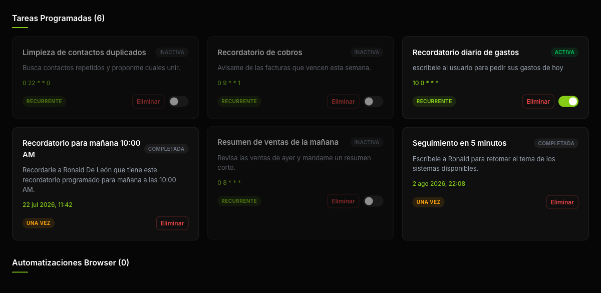 Lista de tareas programadas con su estado, sus instrucciones y su horario