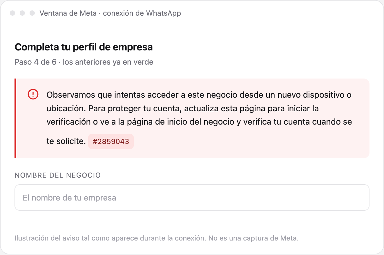Aviso de Meta durante la conexión: «Observamos que intentas acceder a este negocio desde un nuevo dispositivo o ubicación», con el código 2859043