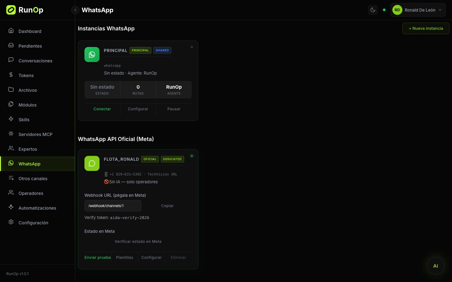 Vista de WhatsApp del dashboard con las instancias conectadas