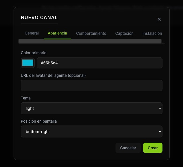 Pestaña Apariencia con color primario, avatar, tema y posición