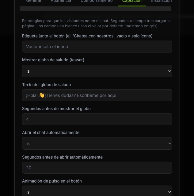 Pestaña Captación con etiqueta del botón, globo de saludo, apertura automática y pulso