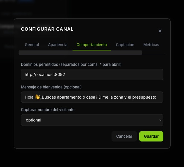 Pestaña Comportamiento con dominios permitidos, mensaje de bienvenida y captura de identidad