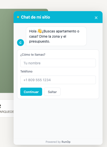 El widget pidiendo nombre y teléfono, con los botones Continuar y Saltar