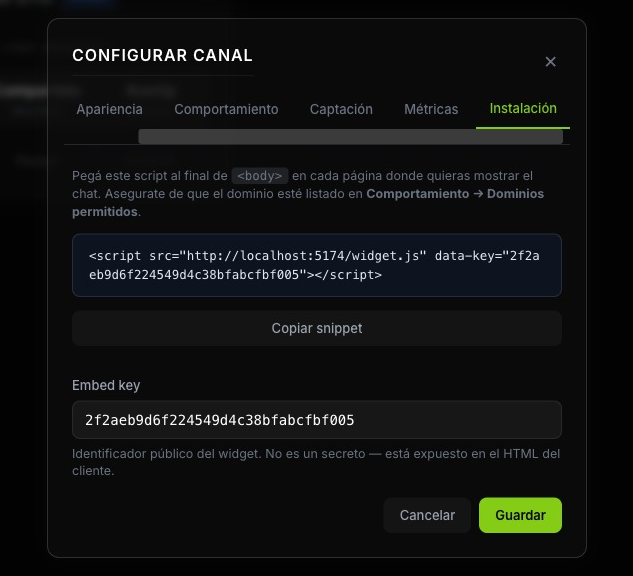 Pestaña Instalación con el snippet, el botón de copiar y la clave de instalación