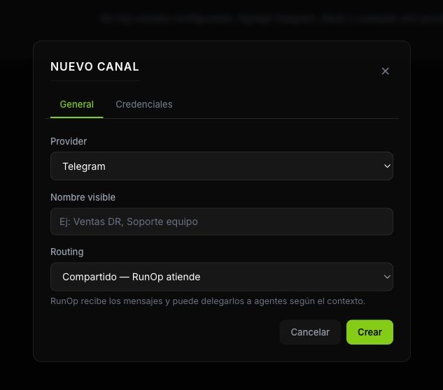 Diálogo de nuevo canal con el proveedor Widget Web seleccionado